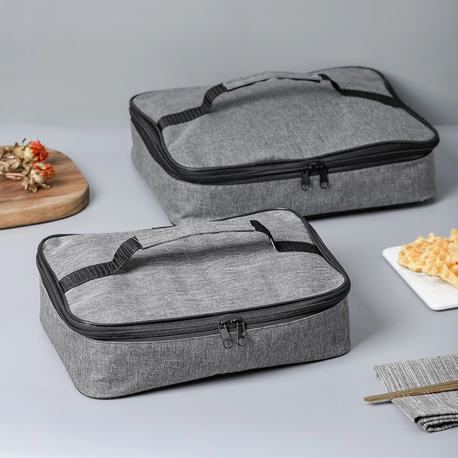 Bento Bag with Handle Double Zipper Waterproof Rectangle Portable Thermal Lunch Box Pouch Daily Use