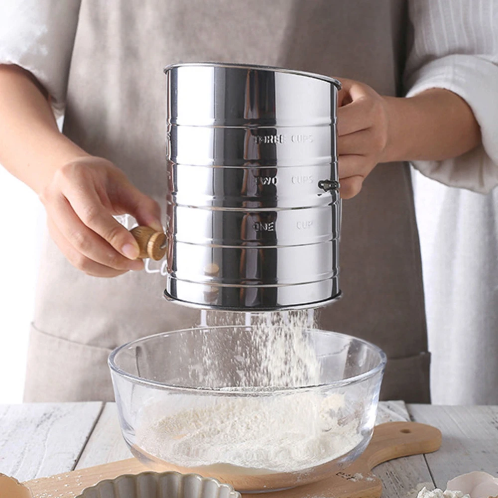 Flour Sifter Semi-automatic Handheld Hand-crank Sieve Stainless Steel Graduated Inclined Mouth Flour Sieve Kitchen Gadget