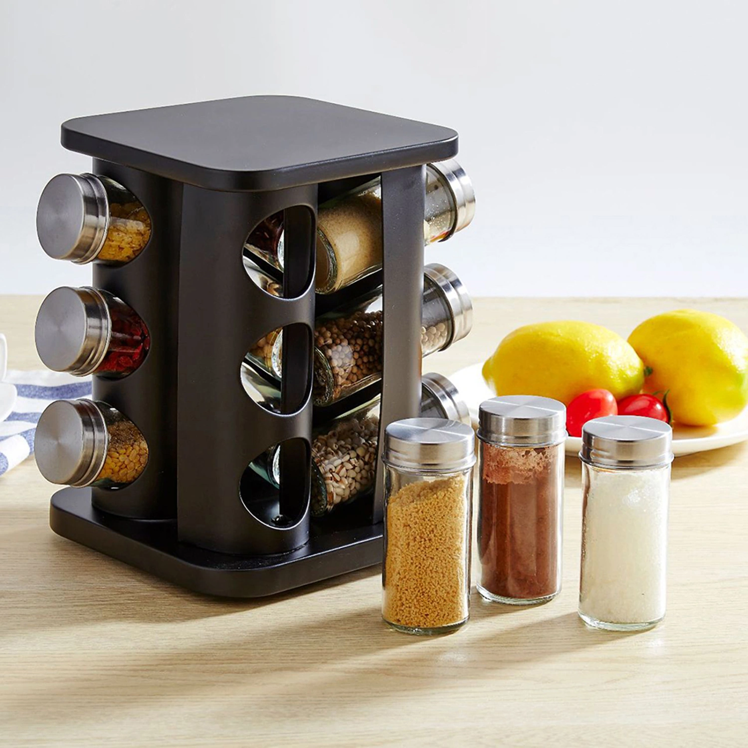 1 Set Seasoning Bottle Moisture-proof Large Capacity 90ml Spice Jar with 360 Degrees Rotating Storage Rack Kitchen Gadget