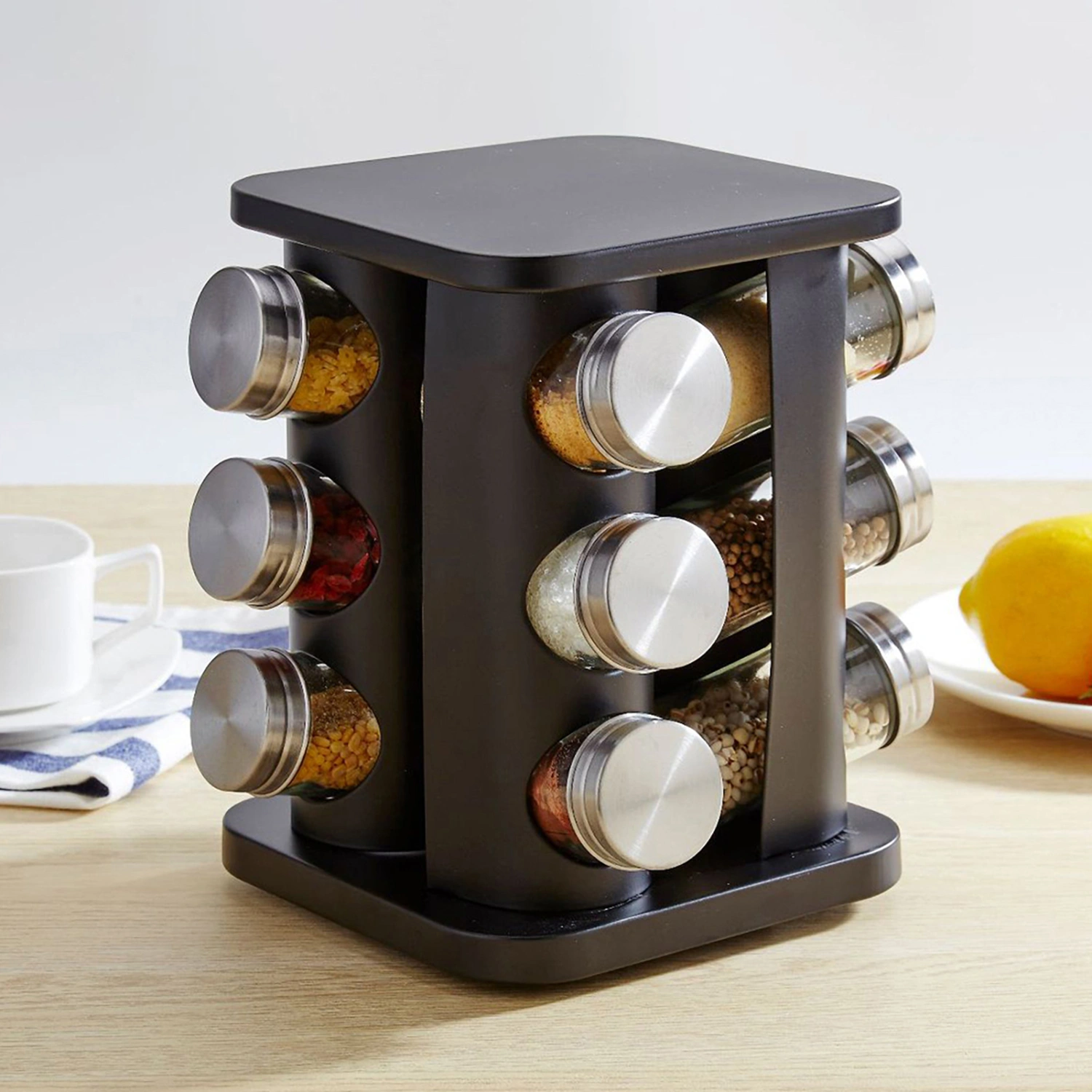 1 Set Seasoning Bottle Moisture-proof Large Capacity 90ml Spice Jar with 360 Degrees Rotating Storage Rack Kitchen Gadget