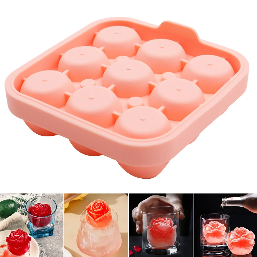 Ice Cube Mold Non-stick Food Grade with Lid Silicone 9 Compartment Rose Shape Ice Cube Tray Home Supply