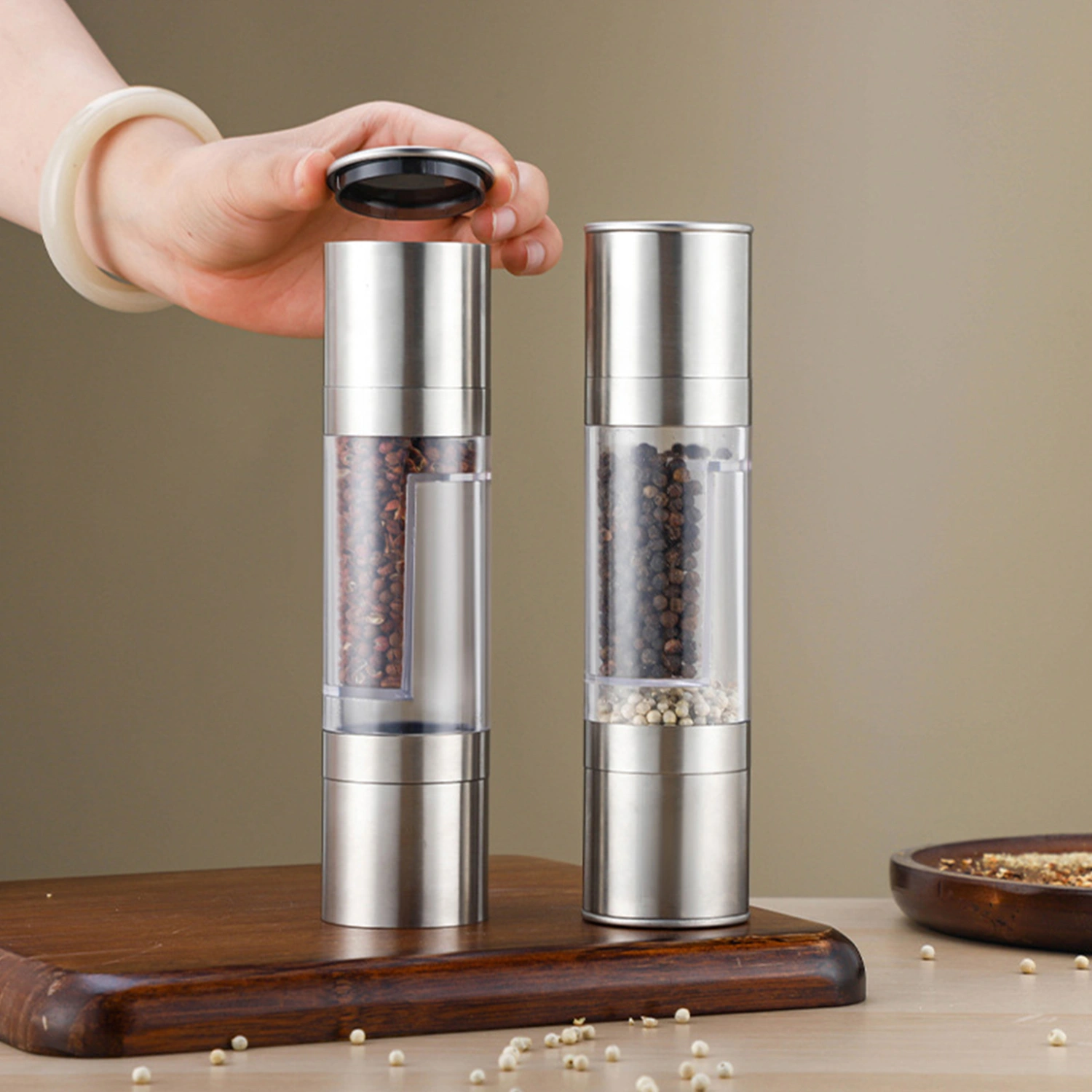 Pepper Grinder 2-in-1 Adjustable Coarseness Stainless Steel Manual Salt Pepper Spice Mill Home Supply