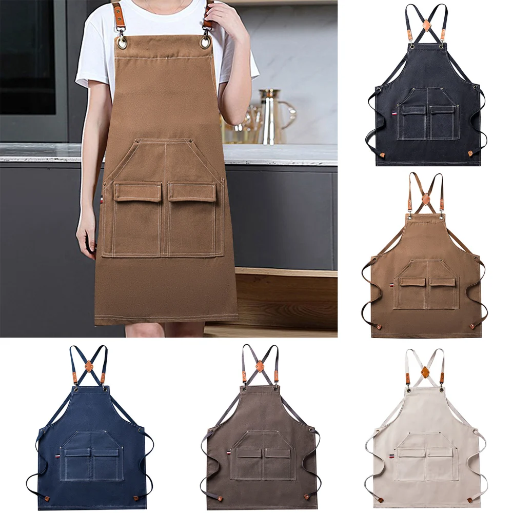 Painting Apron Cross Back Thicken Solid Color Lace Up Adjustable Waterproof Front Pockets Drawing Gardening Apron for Adult