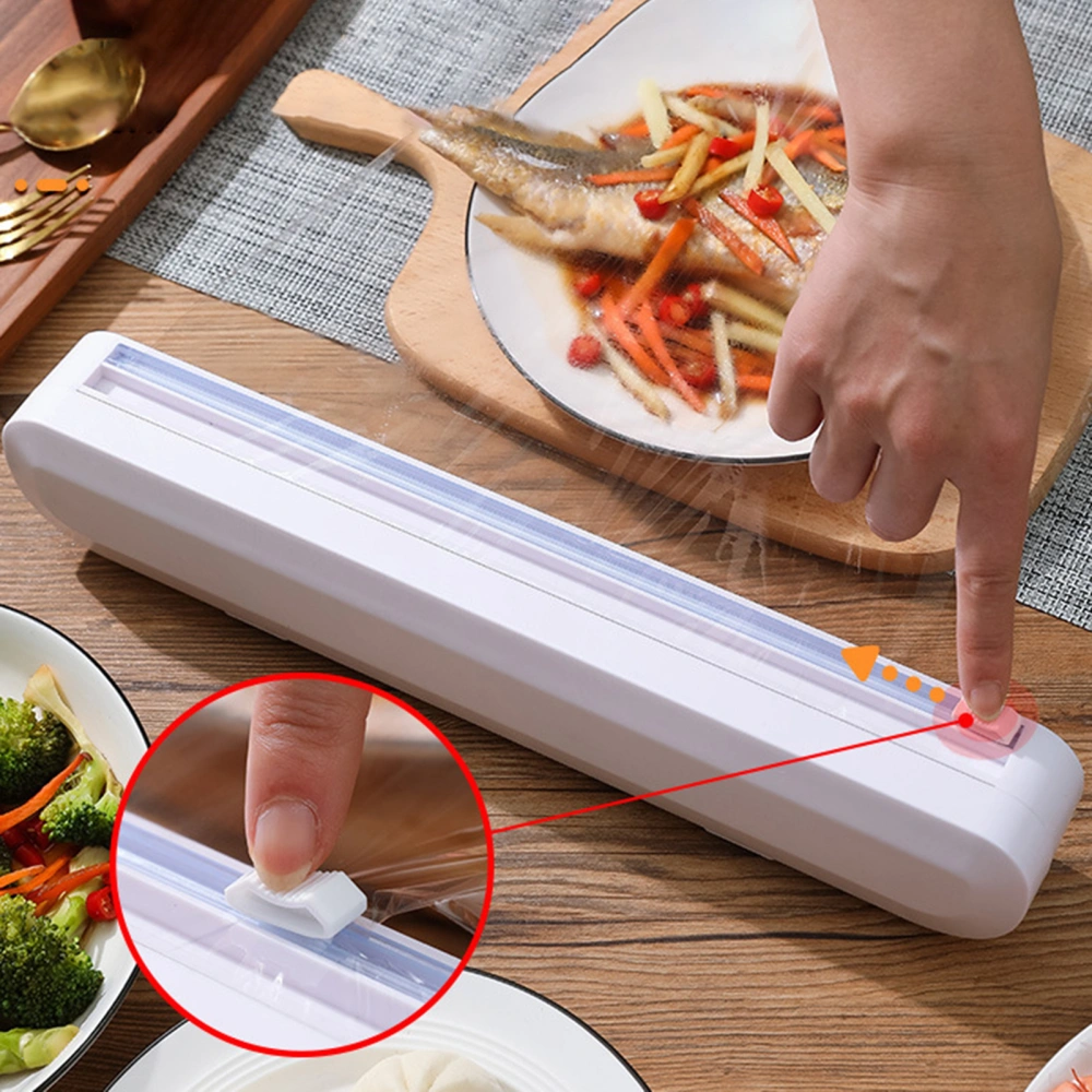 Plastic Wrap Cutter Reusable Finger Groove Design Dustproof Smooth Edge with Suction Cups Refillable Plastic Wrap Dispenser with Cutter Kitchen Supplies