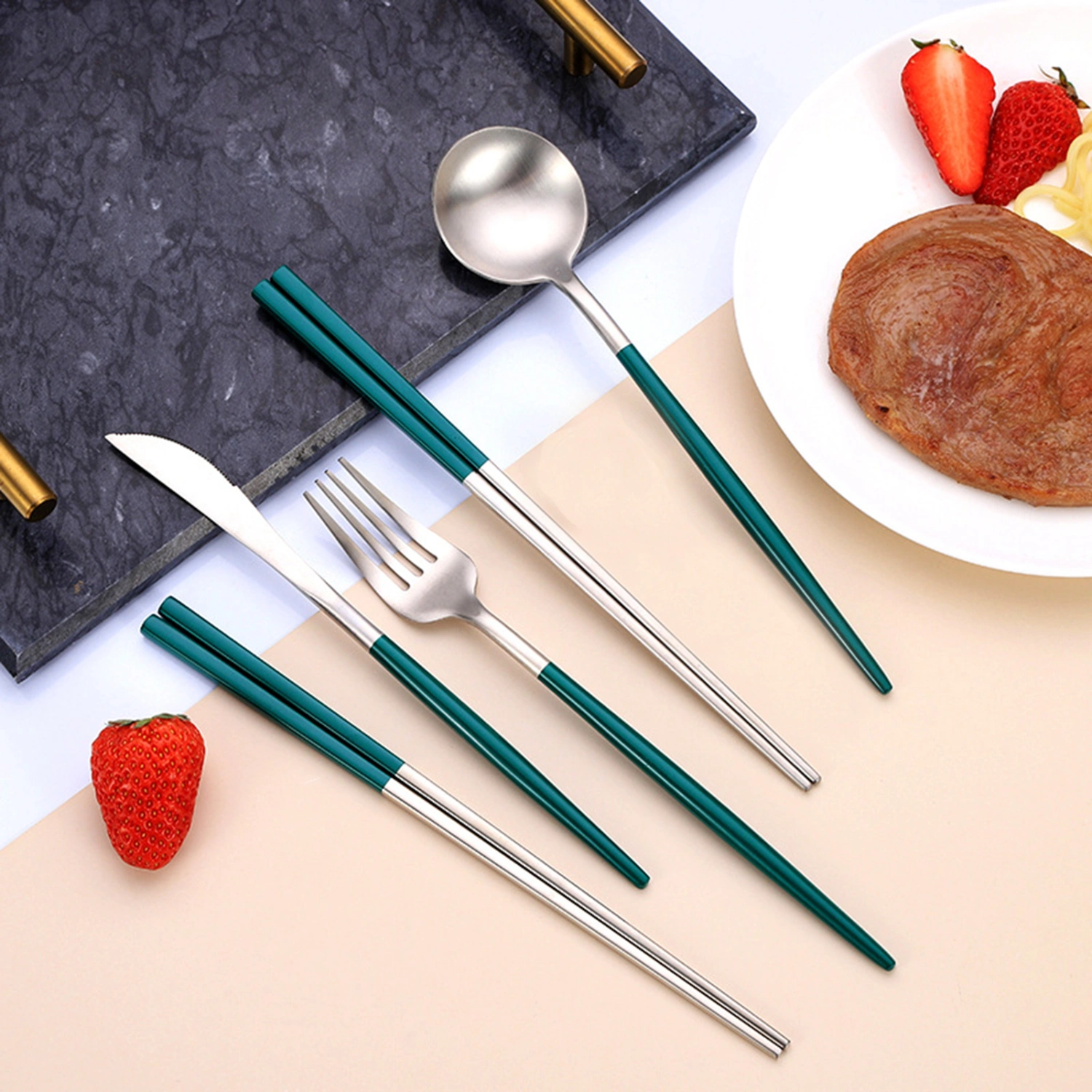 4Pcs/Set Stainless Steel Cutter Fork Spoon Chopstick Tableware Kitchen Supplies
