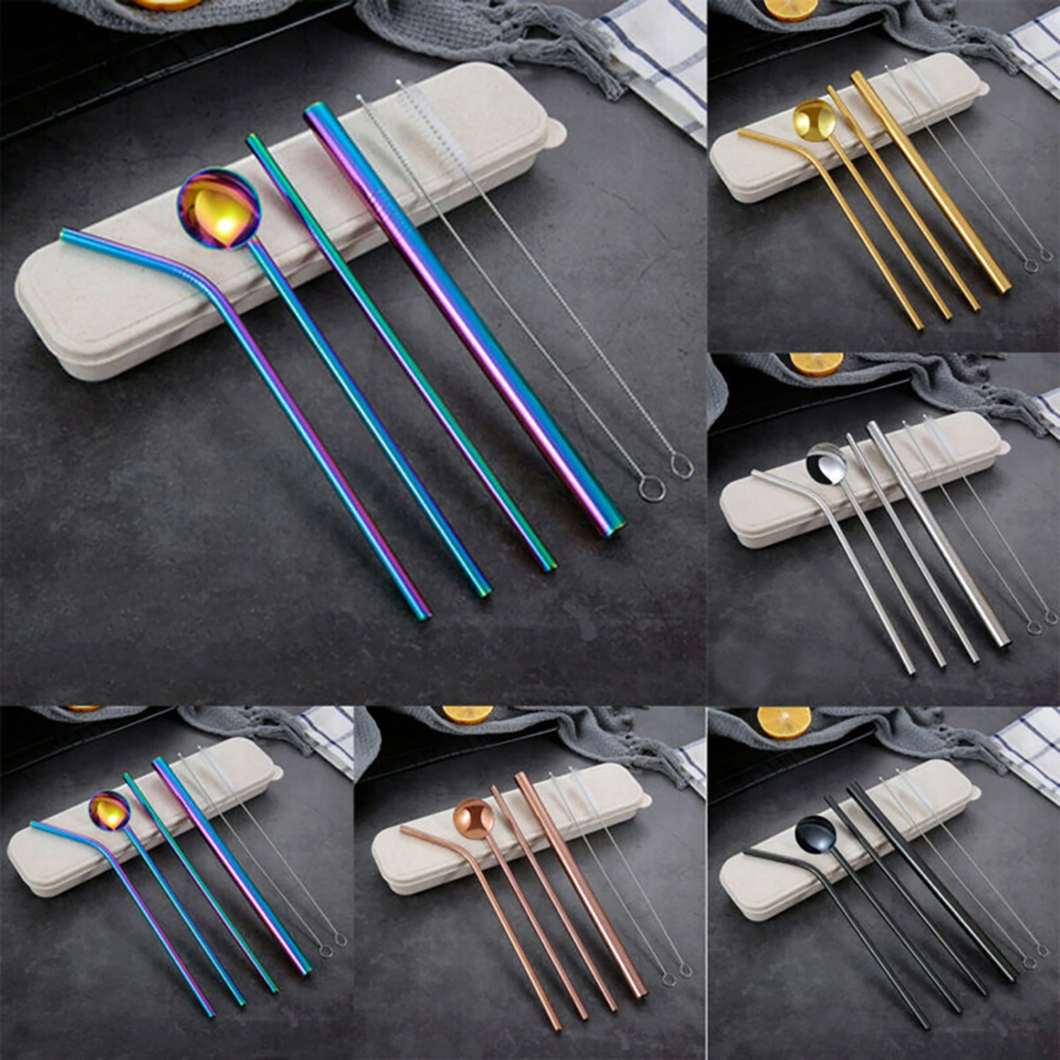 7Pcs Reusable Stainless Steel Straws Spoon Drinking Flatware with Cleaning Brush