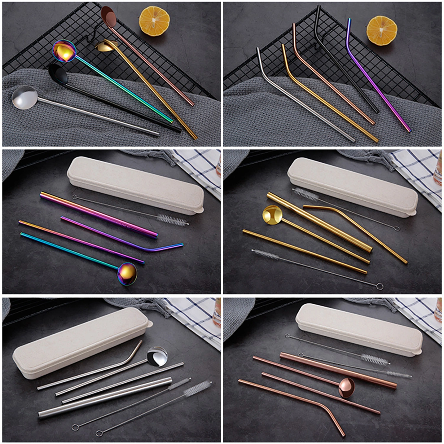 7Pcs Reusable Stainless Steel Straws Spoon Drinking Flatware with Cleaning Brush
