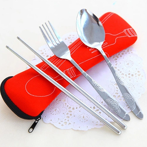 3 Pcs Fork Spoon Chopsticks Travel Stainless Steel Cutlery Portable Camping Bag