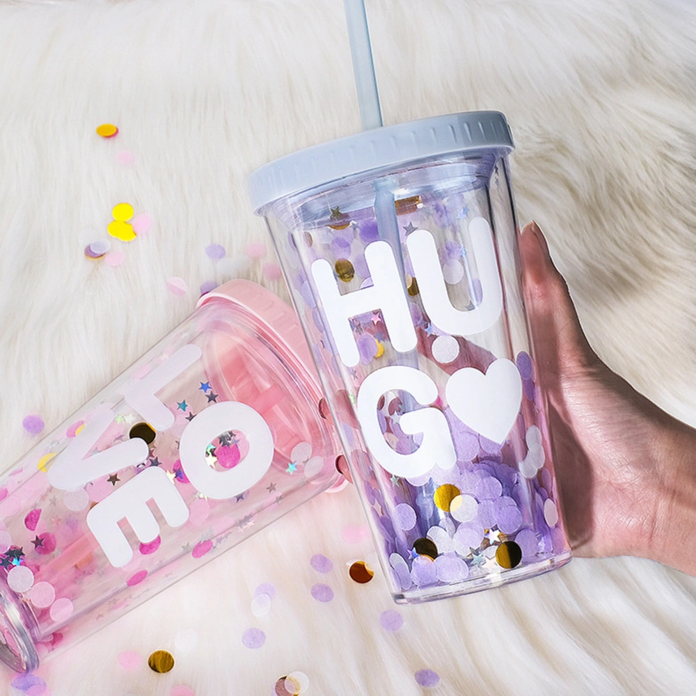 Water Bottle Eco-friendly English Letter Pattern Plastic Sequins Drinking Water Straw Cup for Travel