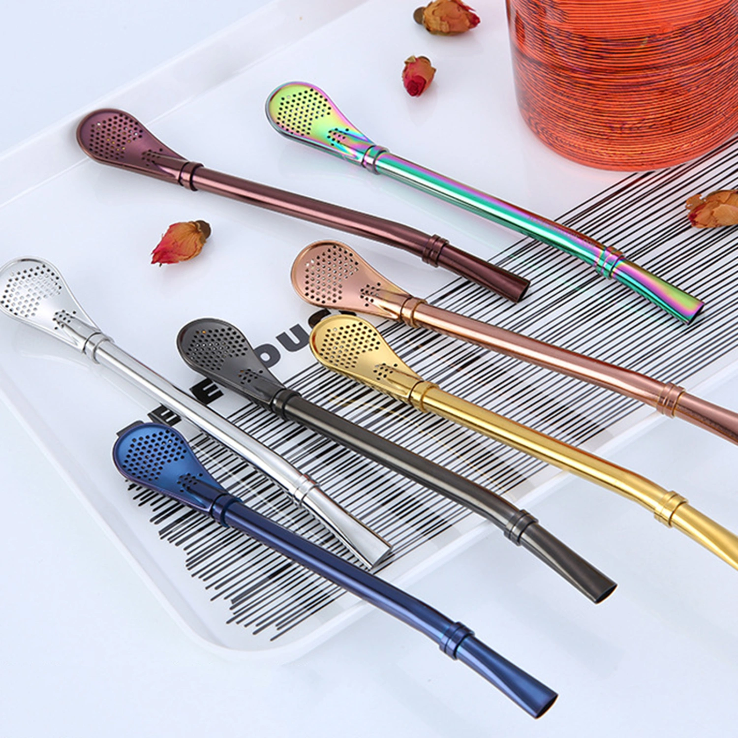 Stainless Steel Straw Spoon Coffee Stirring Tea Filter Infuser Bar Accessories