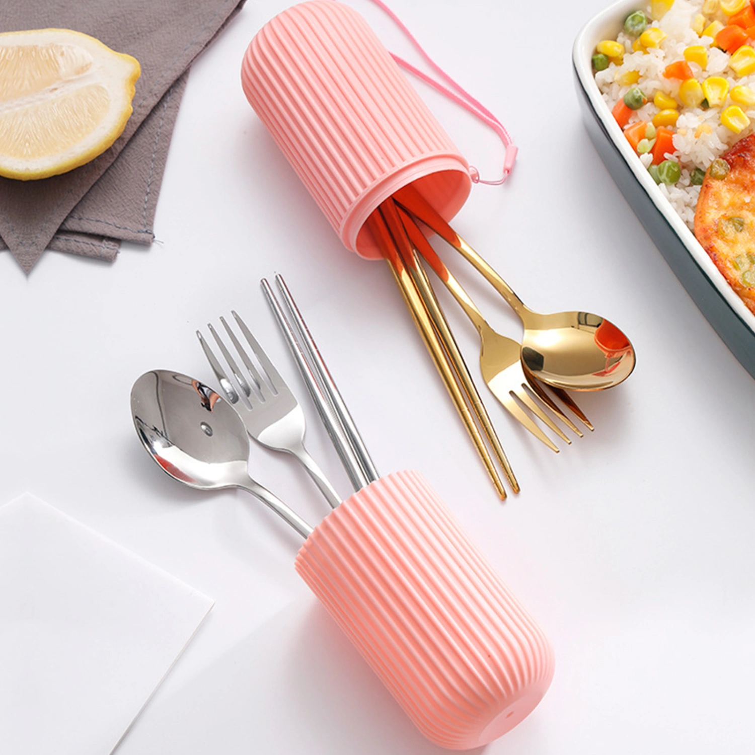 Stainless Steel Outdoor Tableware Storage Case with Fork Spoon Chopsticks Set