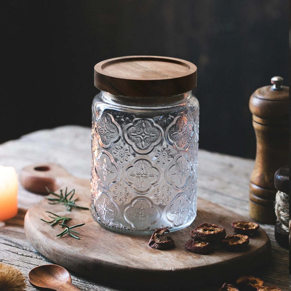 700ml Storage Bottle Retro Style Classic-looking Glass Flower Pattern Multi-use Storage Jar for Home