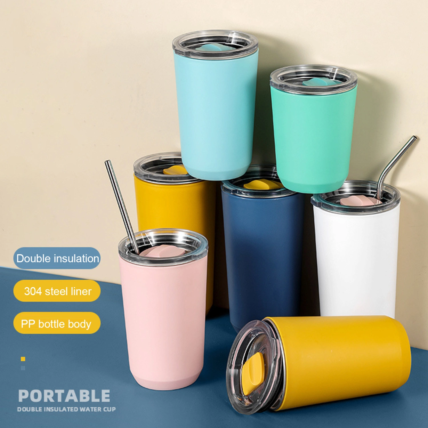 360ml/460ml/560ml Coffee Tumbler Push-in Lid Wide-mouth Double Wall Vacuum Insulated Water Tumbler Cup for Office