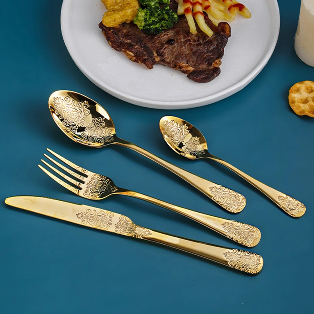 Fork Spoon Embossed Food Grade 430 Stainless Steel Beefsteak Bread Flatware for Travel