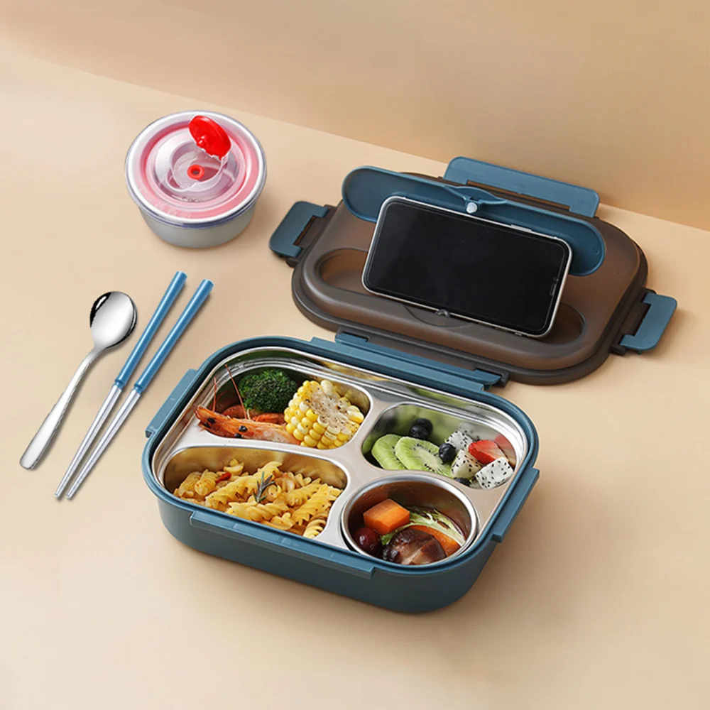 4 Compartments 304 Stainless Steel Office School Food Storage Bento Lunch Box