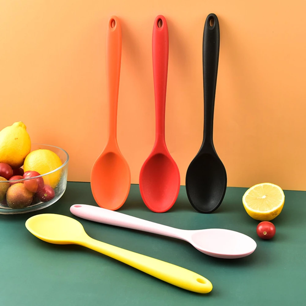 Silicone Spoon Long-handled Heat-resistant Solid Color Food Grade Cooking Spoon Tools for Home