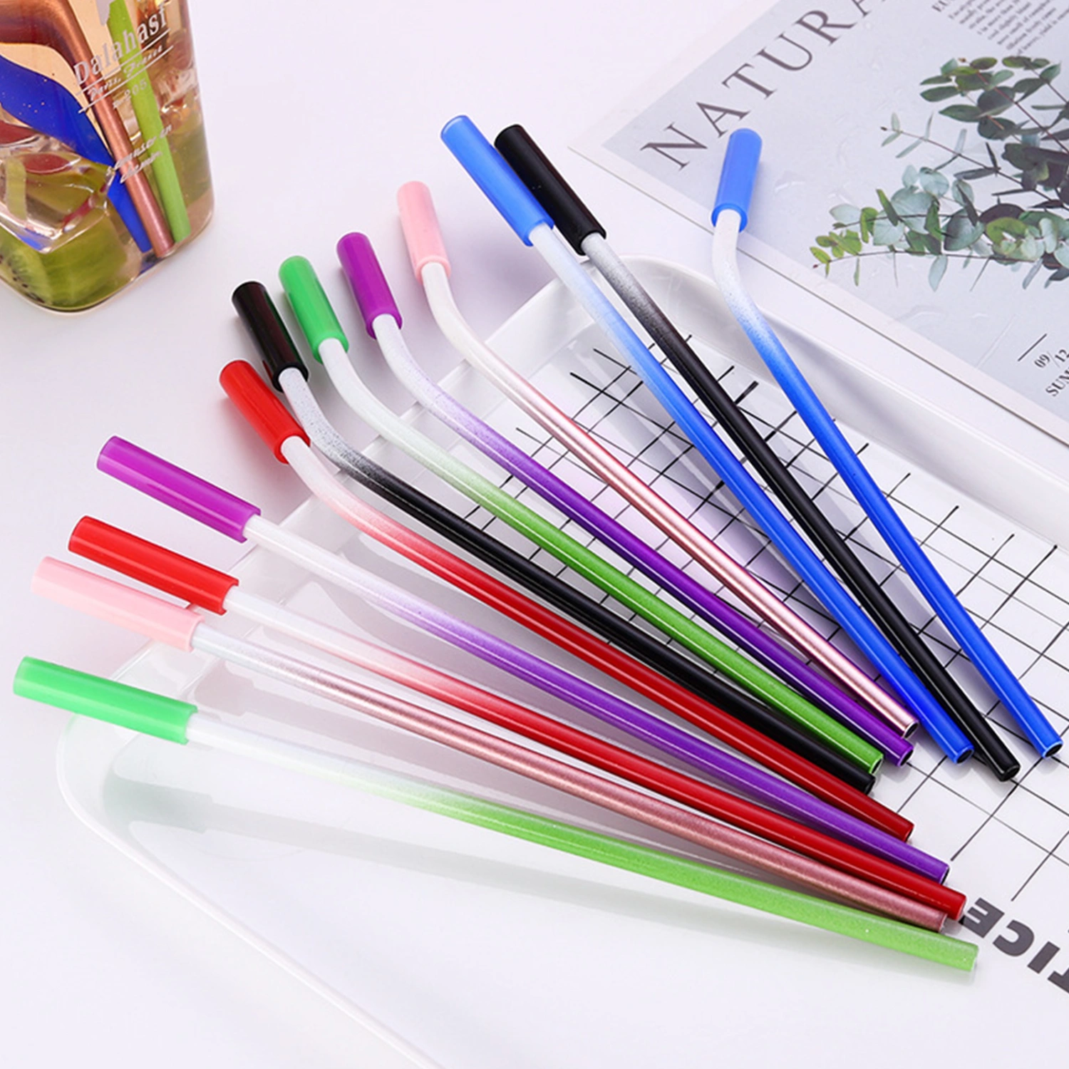 1 Set Drinking Straw Eco-friendly Rust-proof Stainless Steel Colorful Drinking Water Straw Kit for Home