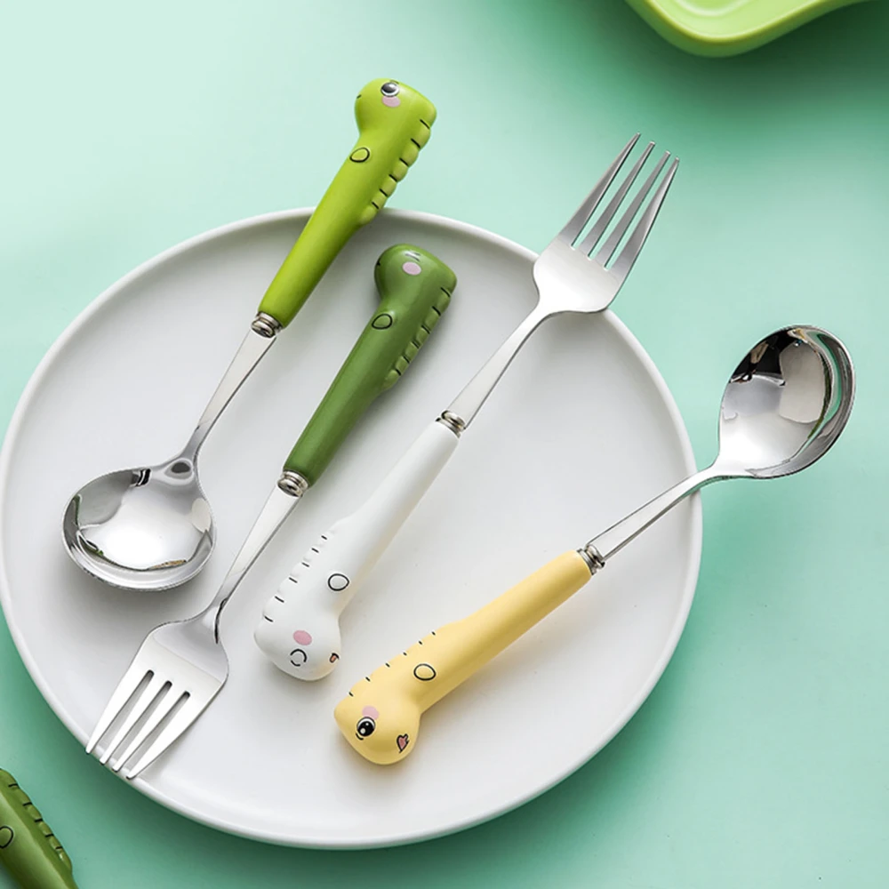 Scratch Resistant Toddler Utensil Anti-rust Stainless Steel Cartoon Dinosaur Children Fork Spoon for Home