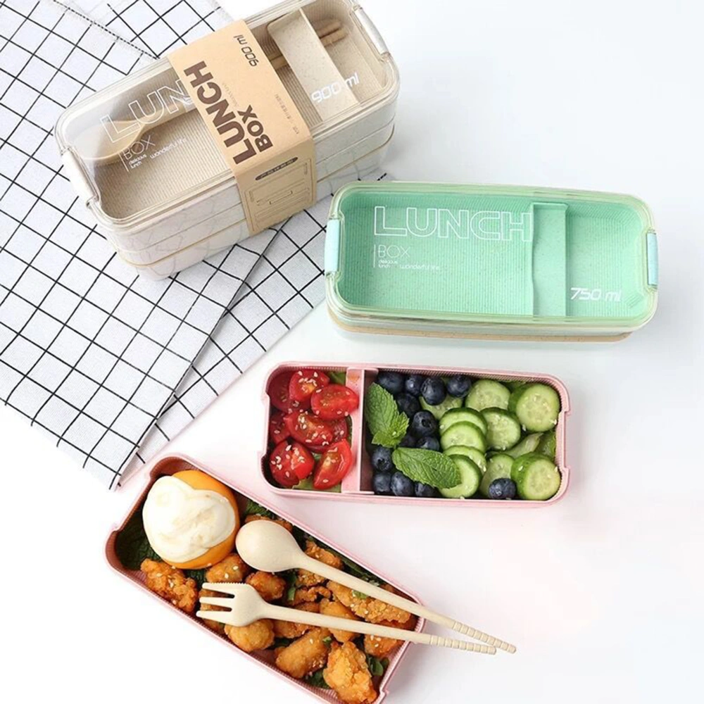 Bento Case Portable 3 Compartment Plastic BPA Free Bento Lunch Spoon Chopsticks Box for Kitchen