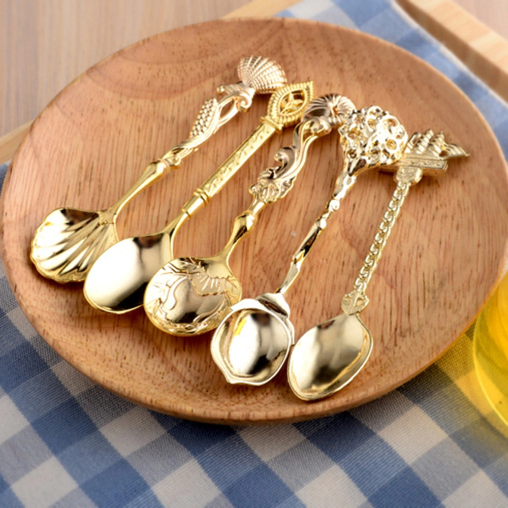 5Pcs/Set Coffee Scoop Antique Graceful Shape Alloy Royal Style Table Spoon for Home