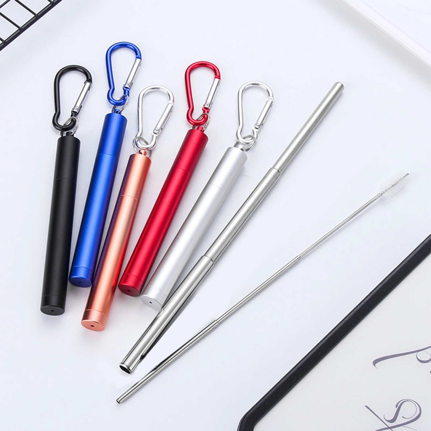 1 Set Three-section Foldable Telescopic Straw Stainless Steel School Canteen Collapsible Straw for Kids