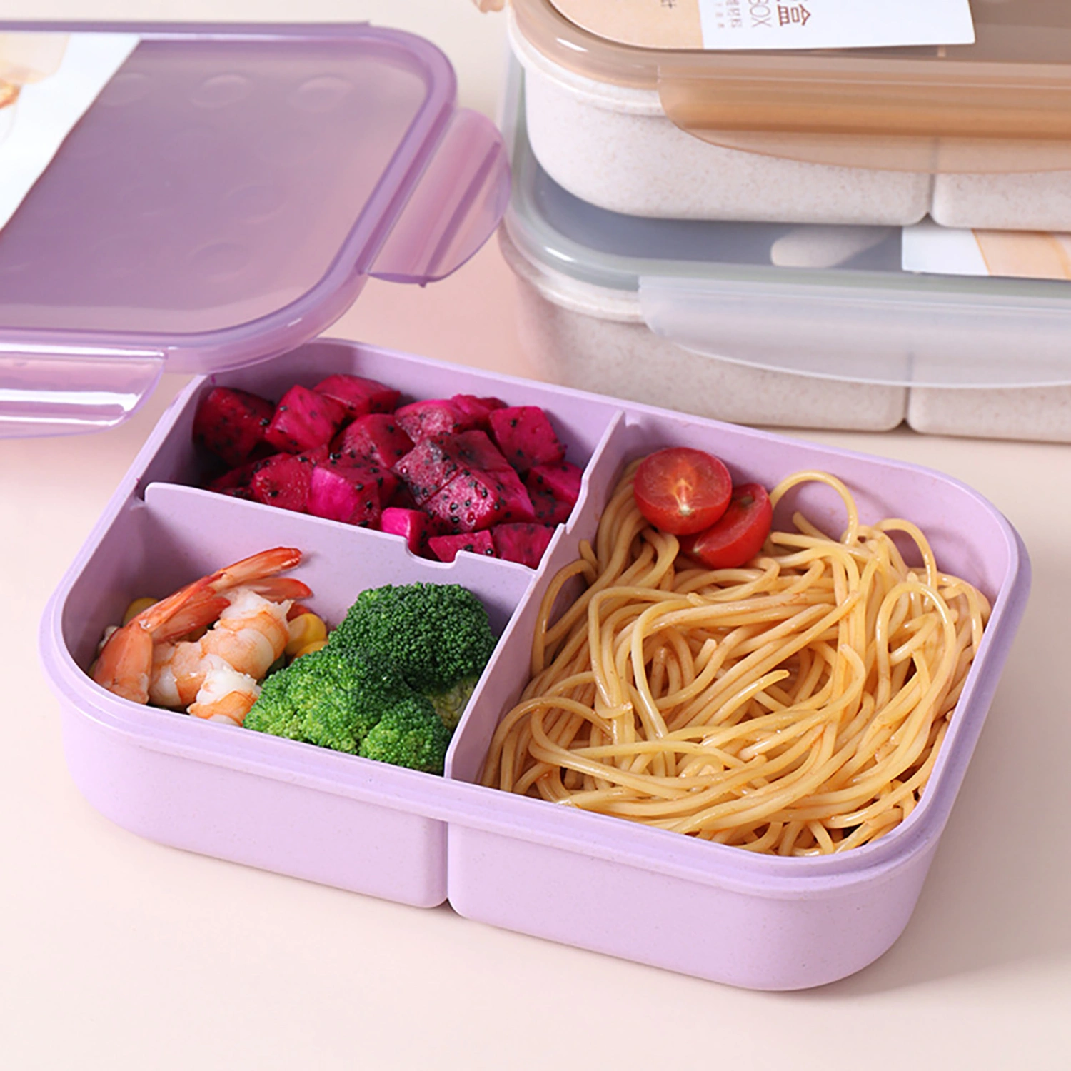 Bento Box Leak Proof 3 Compartments Plastic Family Food Storage Container for Office