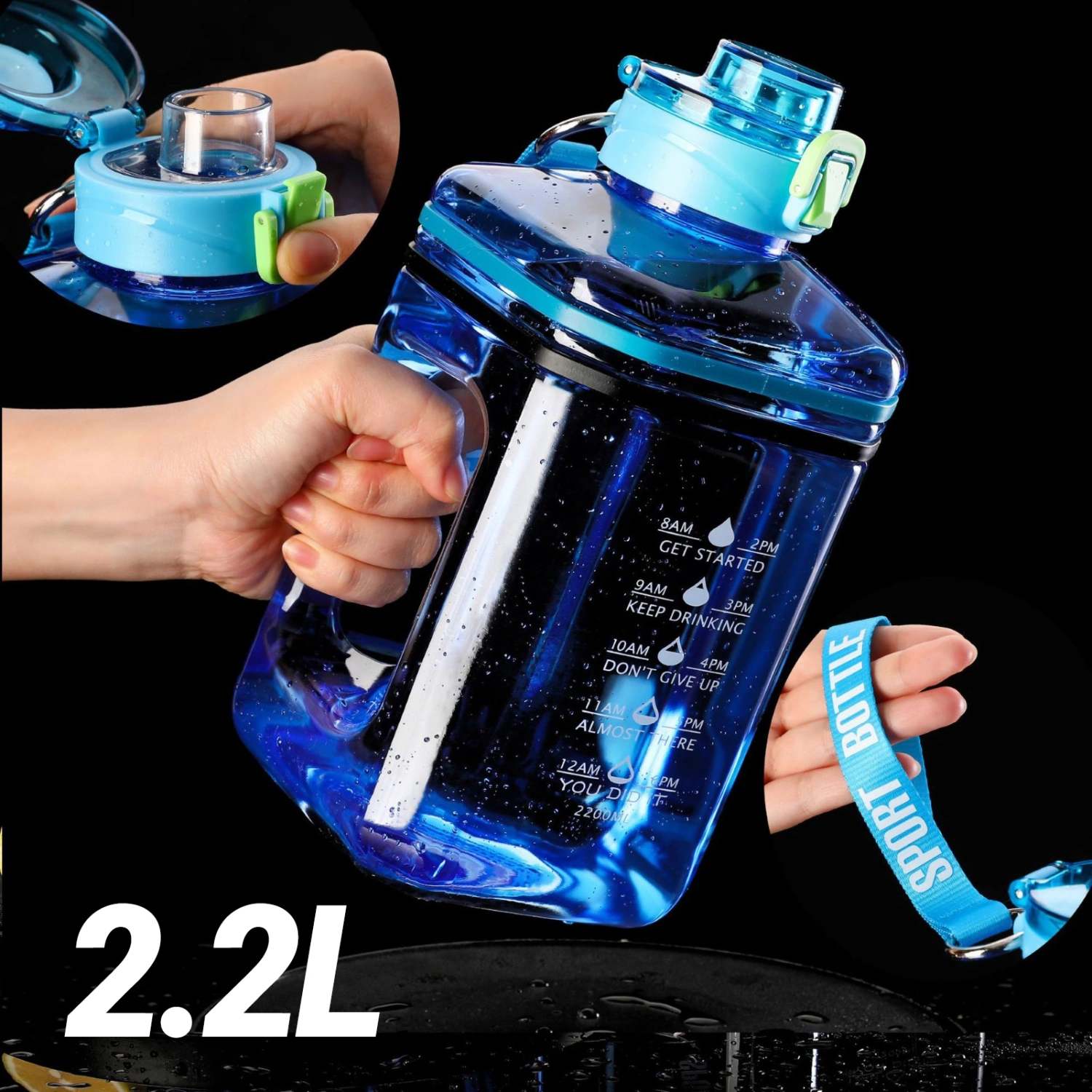 2.2L Water Bottle Large Capacity Time Scale with Portable Handle Motivational Shaker Bottle for Gym