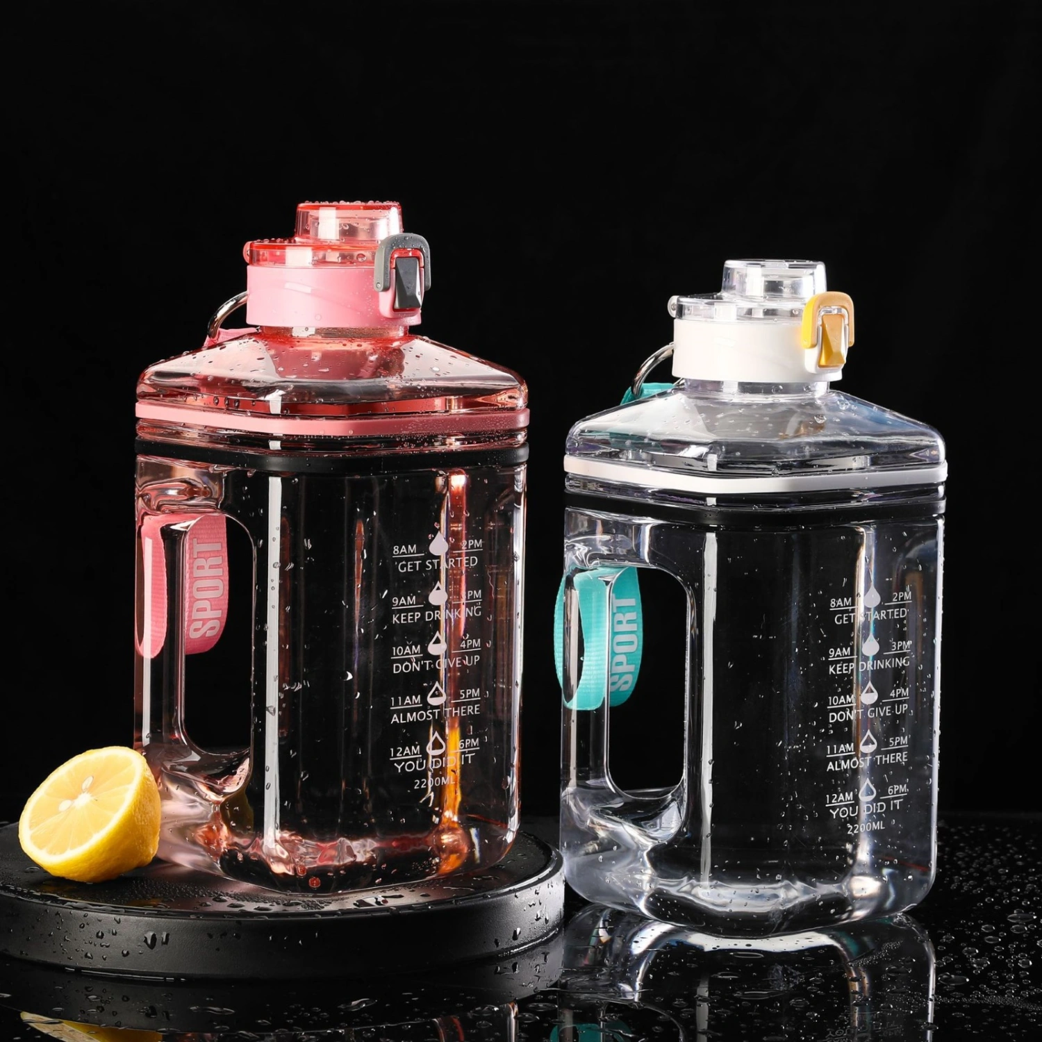 2.2L Water Bottle Large Capacity Time Scale with Portable Handle Motivational Shaker Bottle for Gym