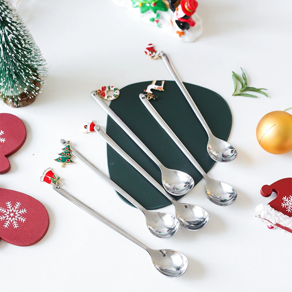 Christmas Spoon with Pendant Temperature-resist Stainless Steel Mixing Stirrer Kitchen Tableware Xmas Spoon for Party