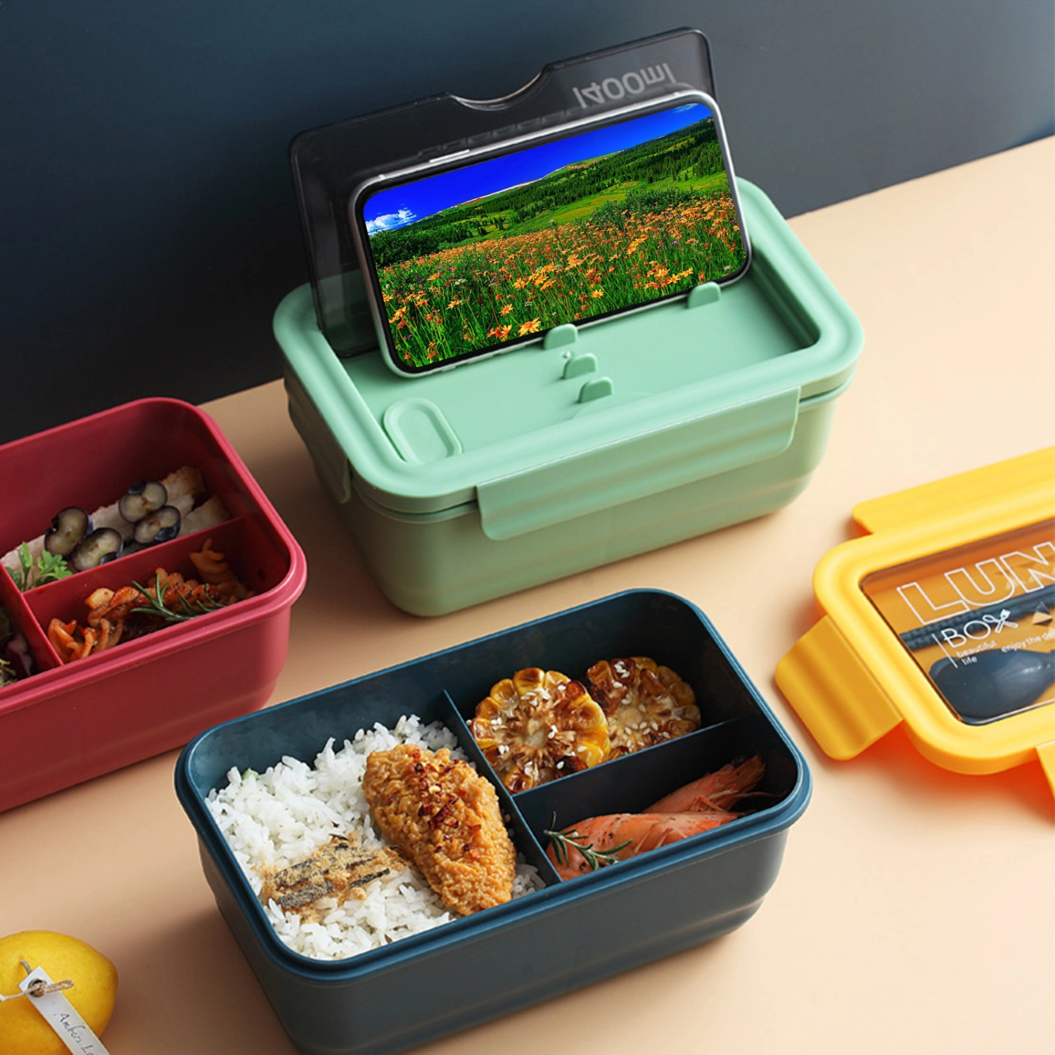 1 Set Safe Lunch Bowl Multi-use Lid PP Large Capacity 3 Compartments Food Box Container for Home