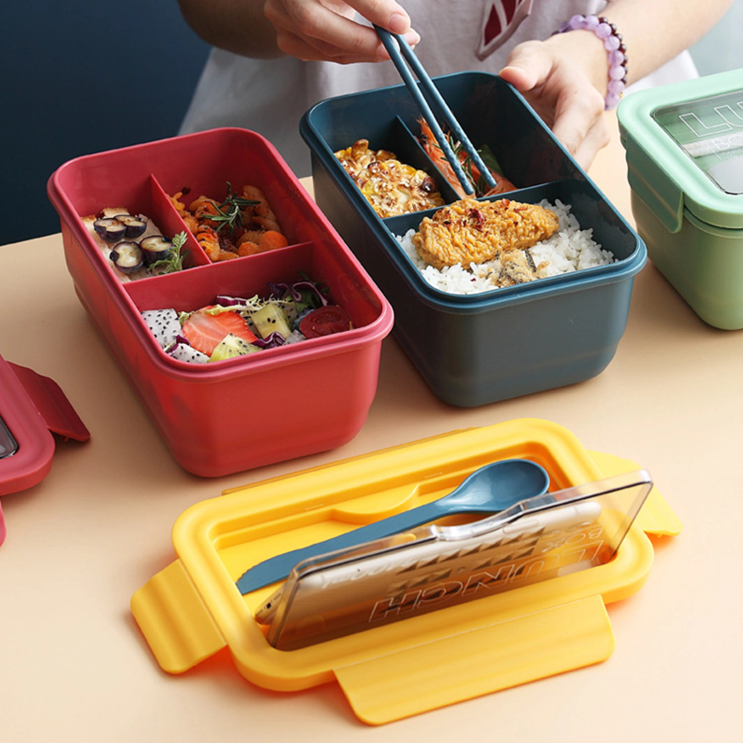 1 Set Safe Lunch Bowl Multi-use Lid PP Large Capacity 3 Compartments Food Box Container for Home