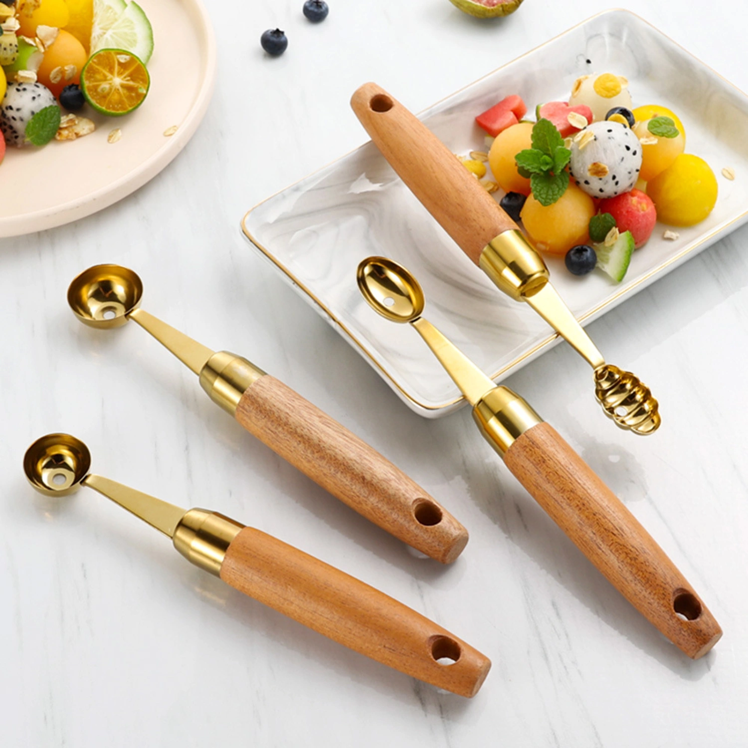 Melon Scoop Single Head Smooth Stainless Steel Portable Wooden Handle Fruit Dig Ball Spoon kitchen