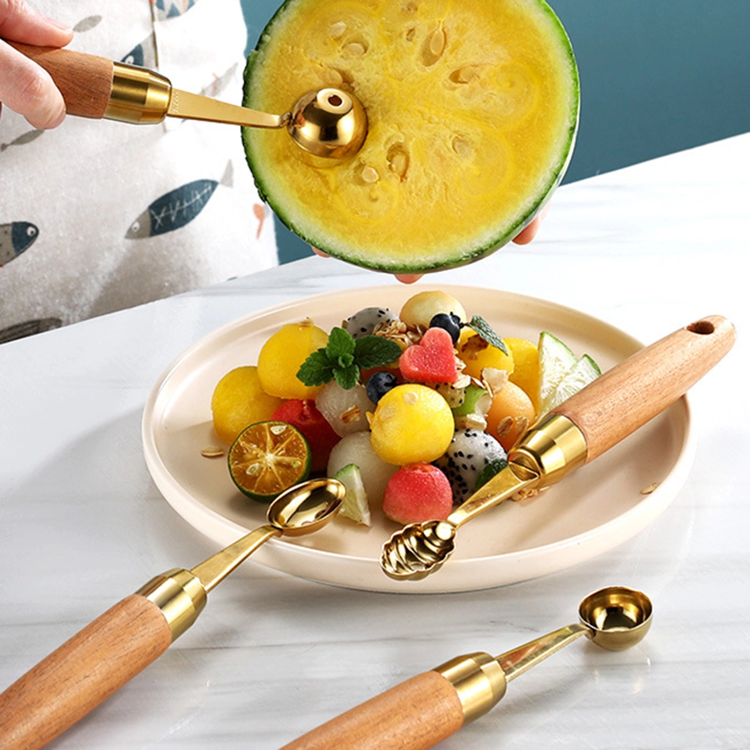 Melon Scoop Single Head Smooth Stainless Steel Portable Wooden Handle Fruit Dig Ball Spoon kitchen