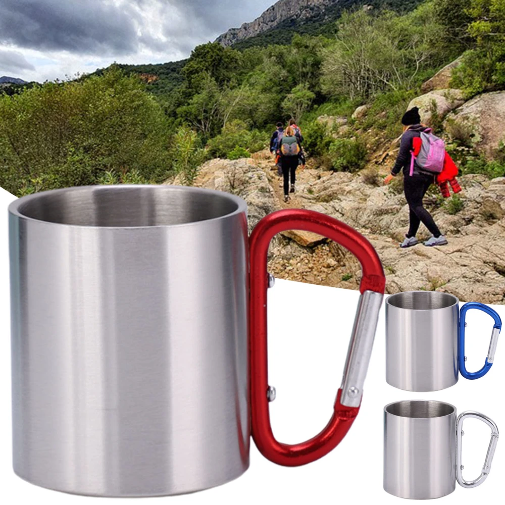 220ml Camping Cup Portable Non-slip Stainless Steel Double Wall Carabiner Handle Hiking Mug for Outdoor