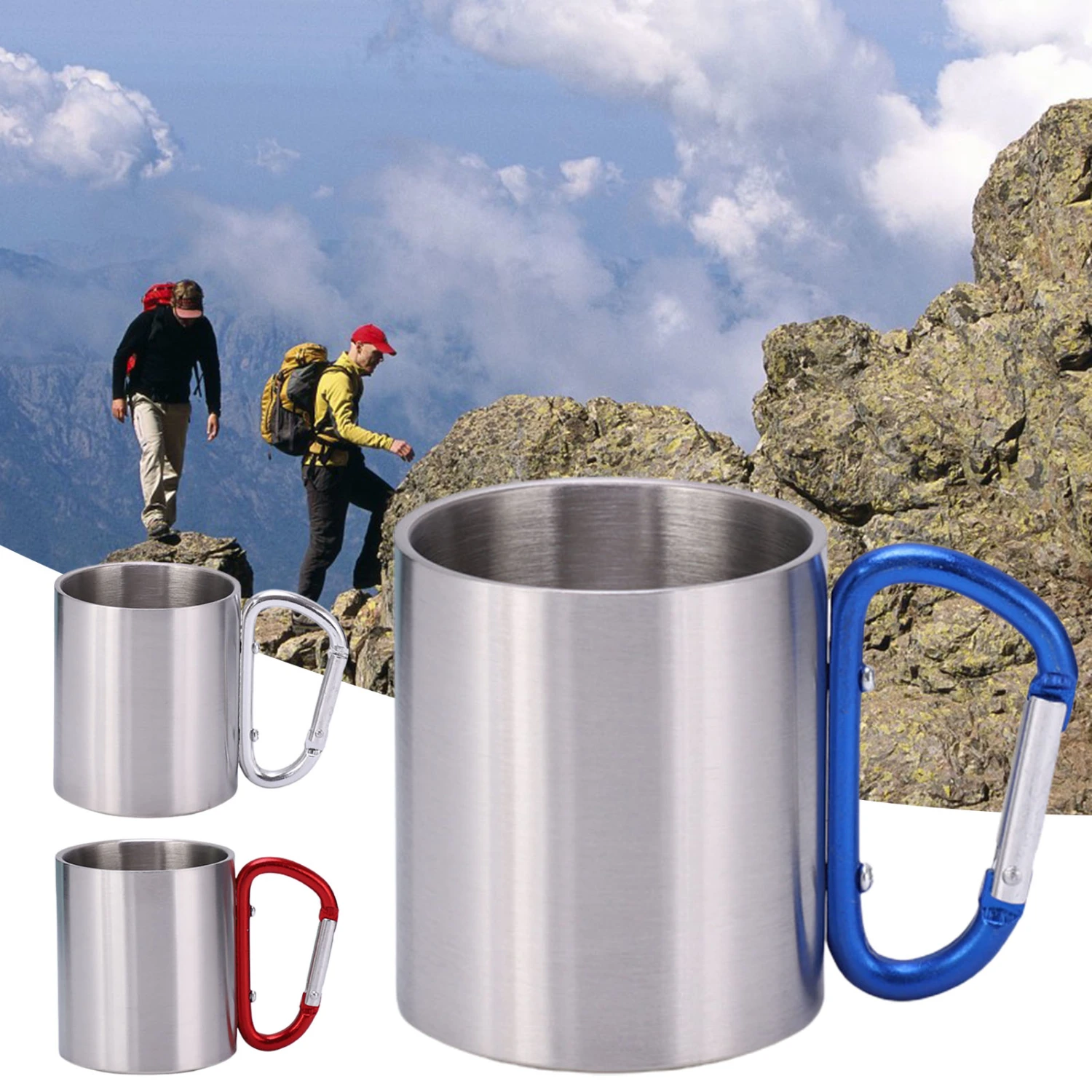 220ml Camping Cup Portable Non-slip Stainless Steel Double Wall Carabiner Handle Hiking Mug for Outdoor