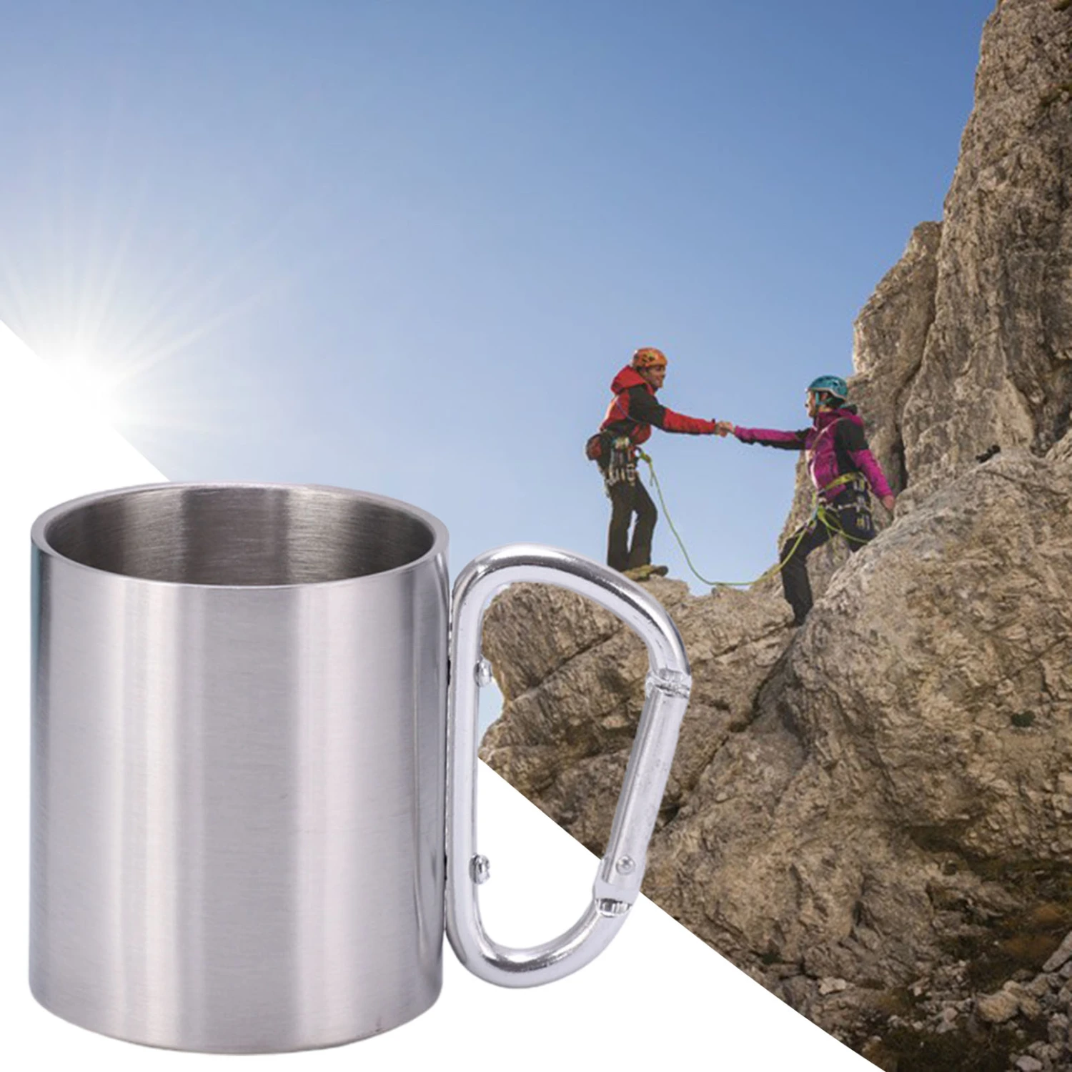 220ml Camping Cup Portable Non-slip Stainless Steel Double Wall Carabiner Handle Hiking Mug for Outdoor