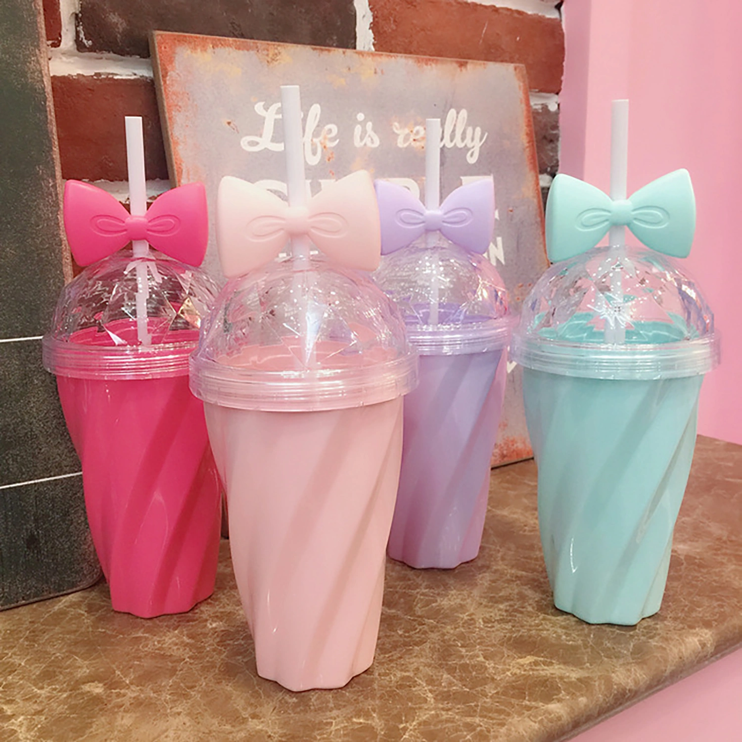 380ml Cute Bowknot Decor Straw Cup Exquisite Bright-colored PS Water Cup for Girls