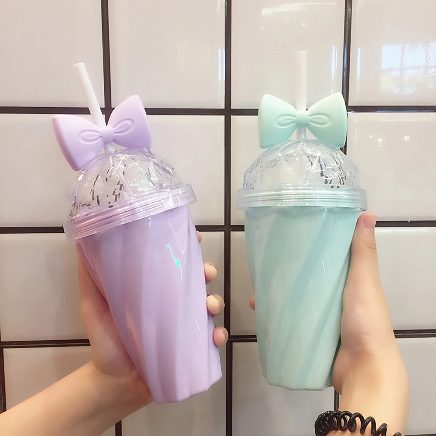 380ml Cute Bowknot Decor Straw Cup Exquisite Bright-colored PS Water Cup for Girls