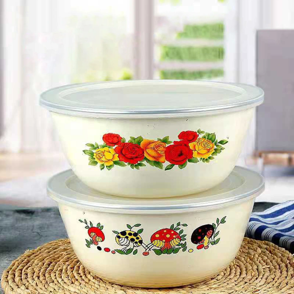 Clear Pattern Enamel Bowl with Lid Nostalgic Chinese Style Salad Bowls for Dinner