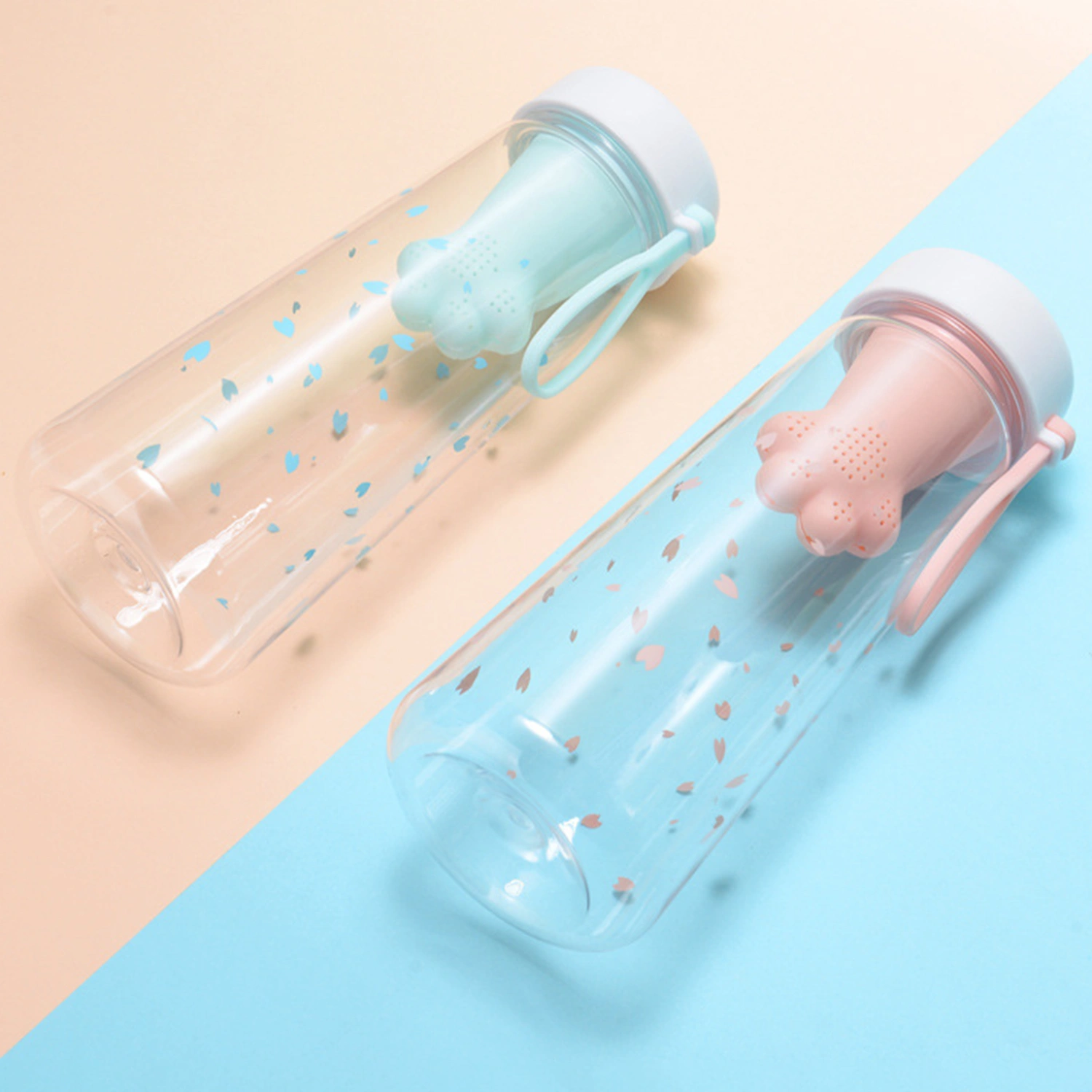 550ml Water Bottle Heat Resistant Leak-proof Cat Claws Tea Filter Cherry Blossoms Print Water Cup for Home