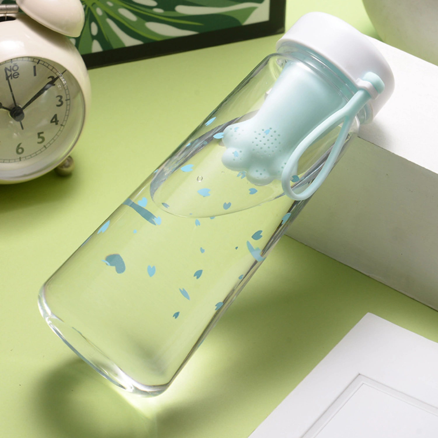550ml Water Bottle Heat Resistant Leak-proof Cat Claws Tea Filter Cherry Blossoms Print Water Cup for Home