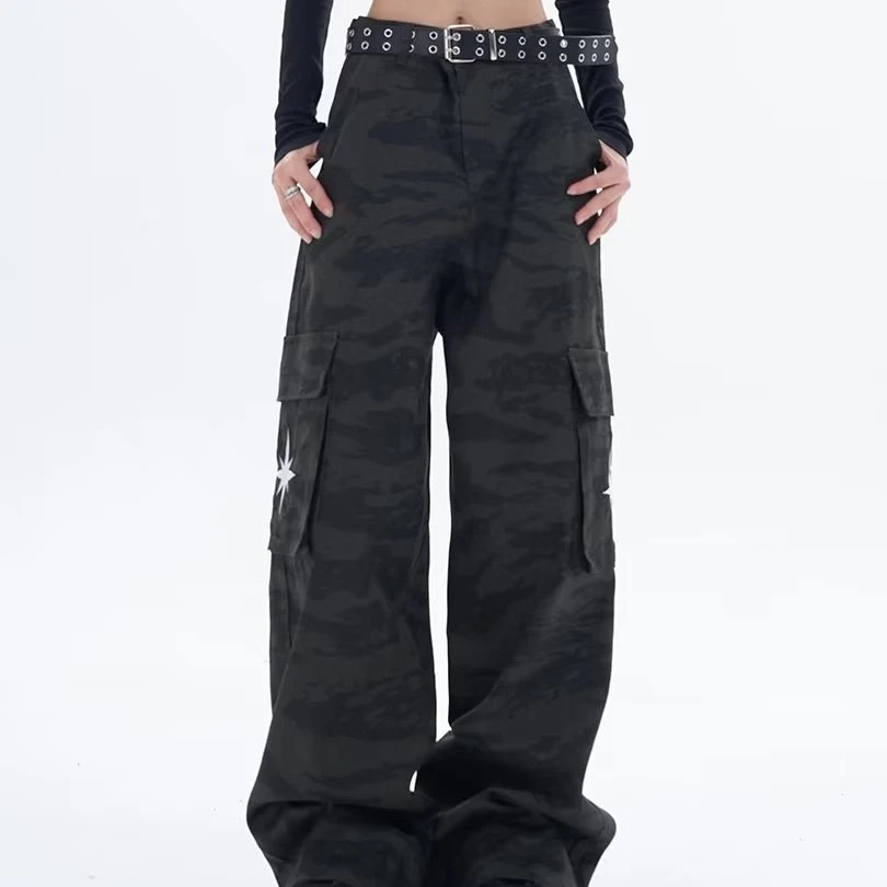 Tooling Camouflage Slacks Female American Retro Design Straight-leg Trousers