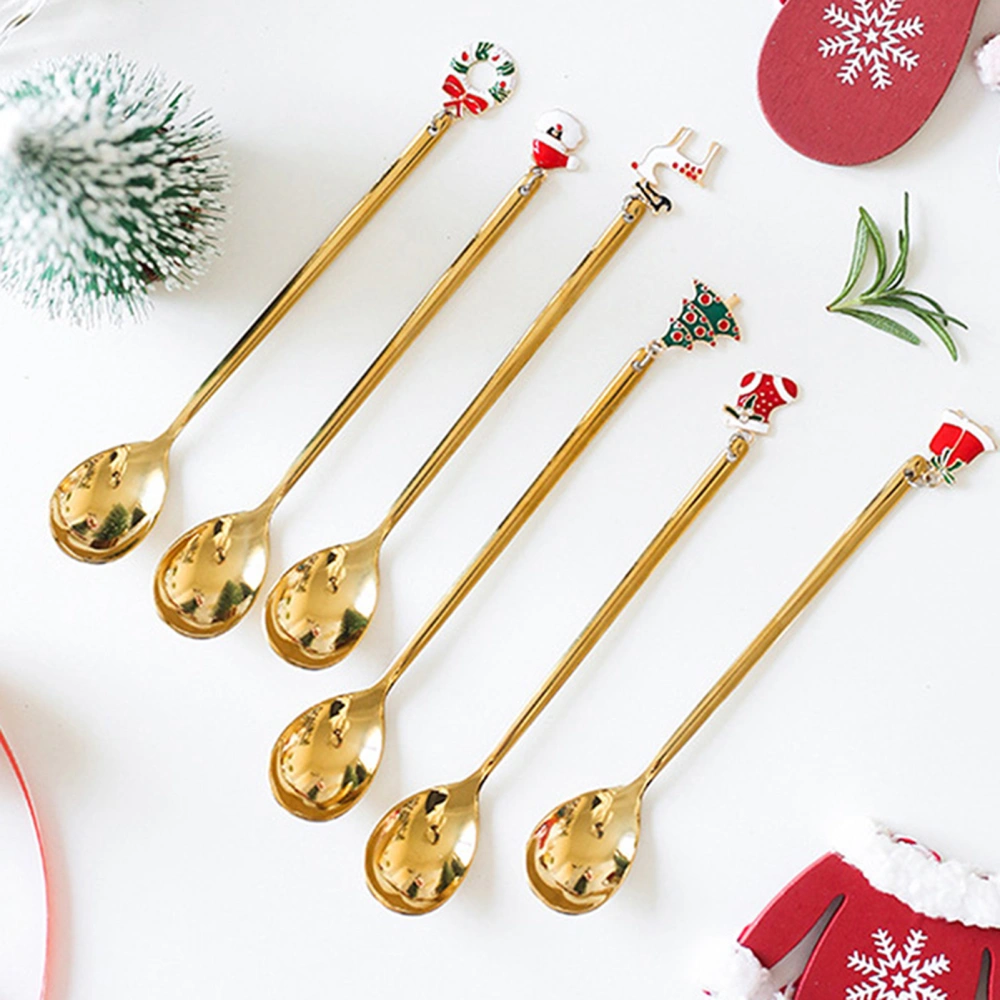 6Pcs Long Handle Dessert Spoon Xmas Theme Stainless Steel Decorative Stylish Stirring Spoon for Party