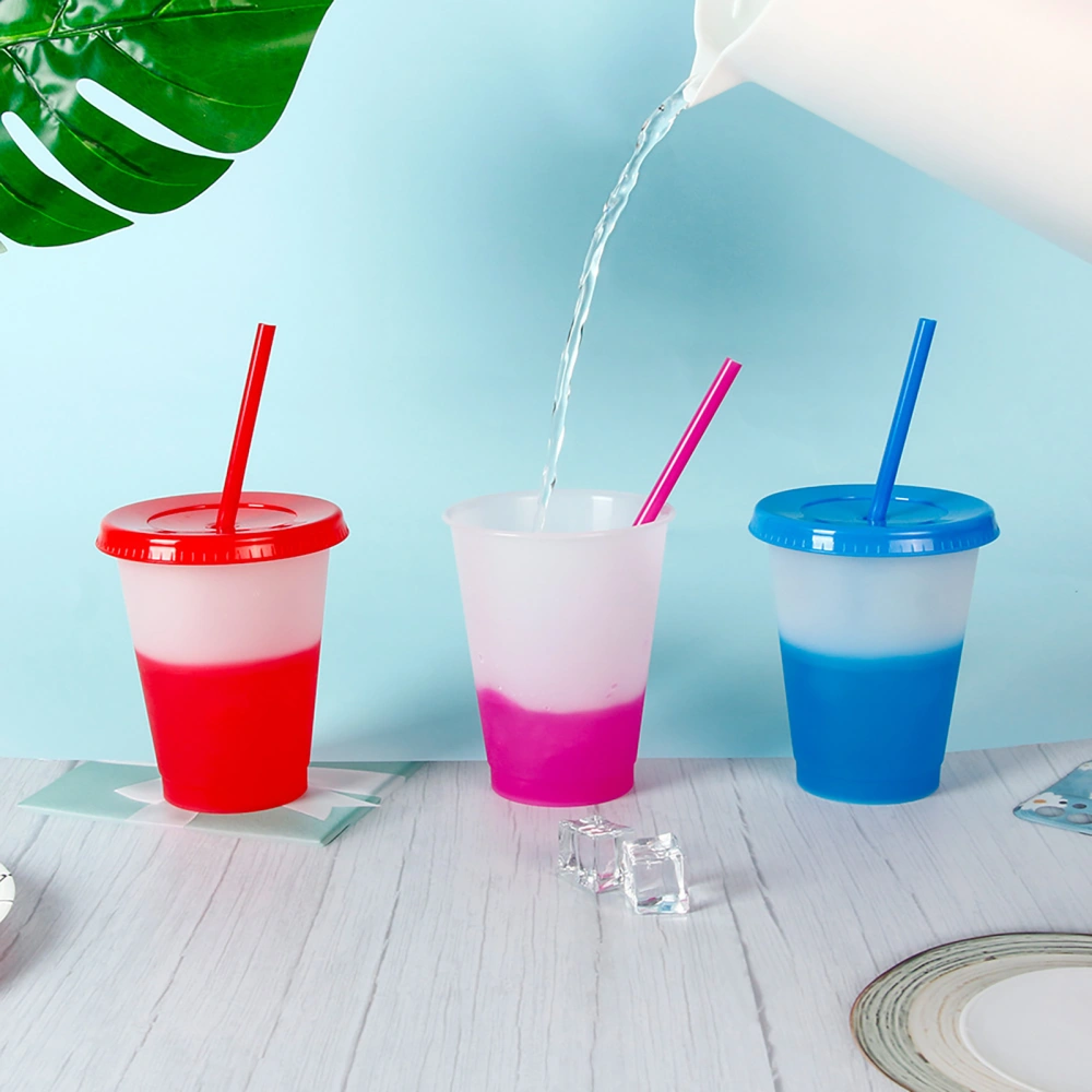 473ml Water Cup Lidded Color Changing Plastic Daily Use Straw Juice Cup Kitchen Supplies