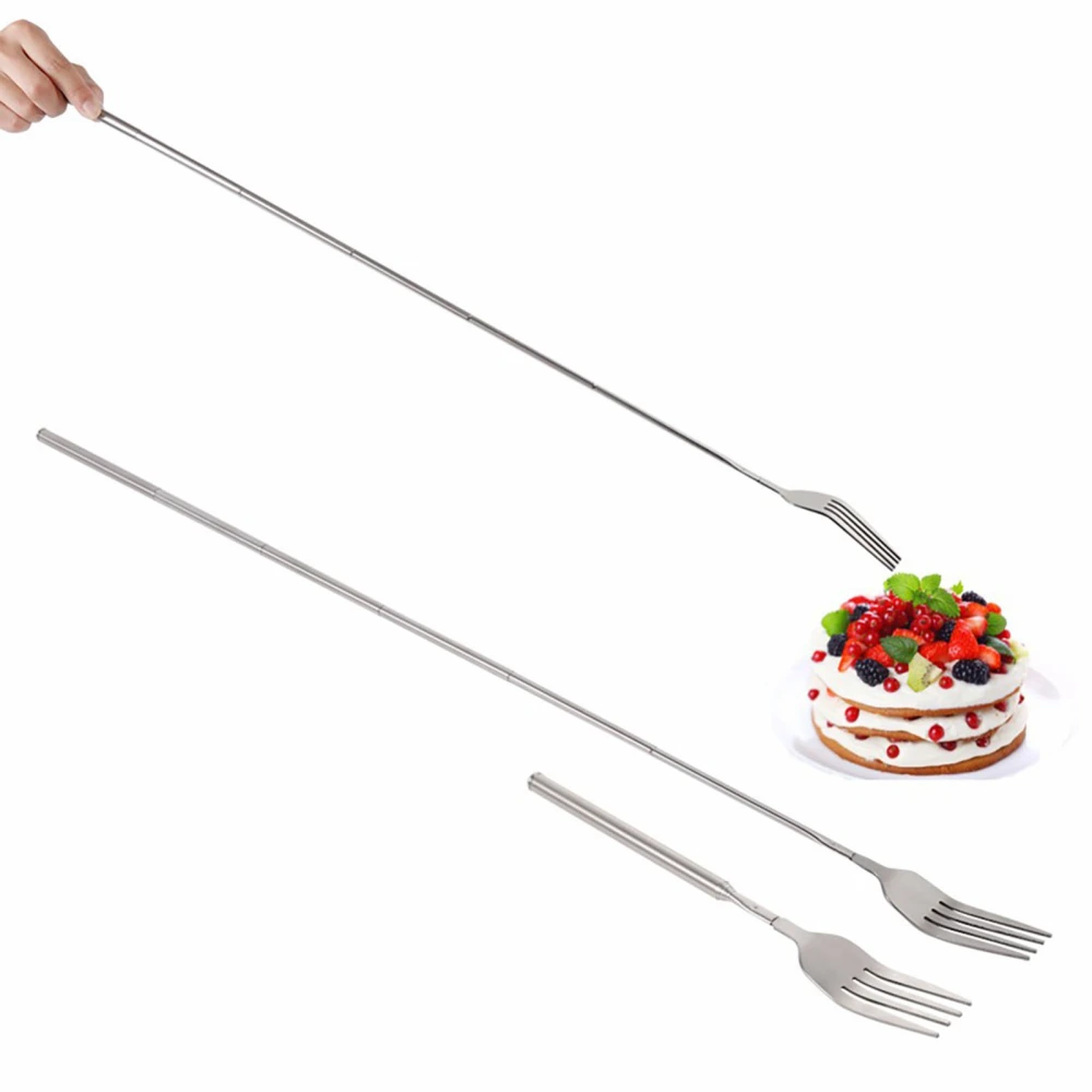 Telescopic Food Fork Corrosion-resistance Extendable Silver Dinner Fruit Dessert Long Cutlery Fork for Dining Room