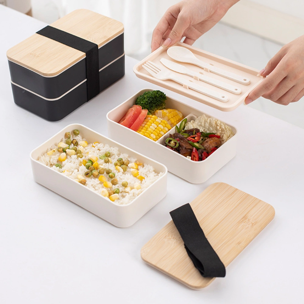 2Pcs 1200ml Bento Boxes with Strap Double Layer Built-in Tableware Japanese Style Portable Leak-proof Lunch Boxes for Daily Life