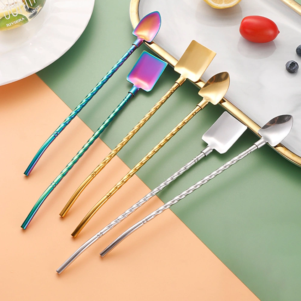 1 Set Straw Spoon with Cleaning Brush Rustproof Long Handle Mirror Polished Dishwasher Safe Tableware Stainless Steel Dual Use Dessert Spoon Kitchen Supplies