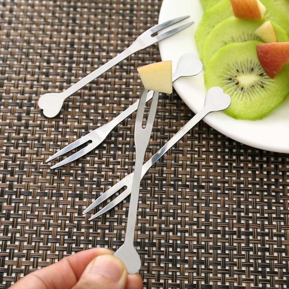 5Pcs Fruit Fork Heart Shape Two Teeth Stainless Steel Rust Resistant Dessert Pick Kitchen Accessories 