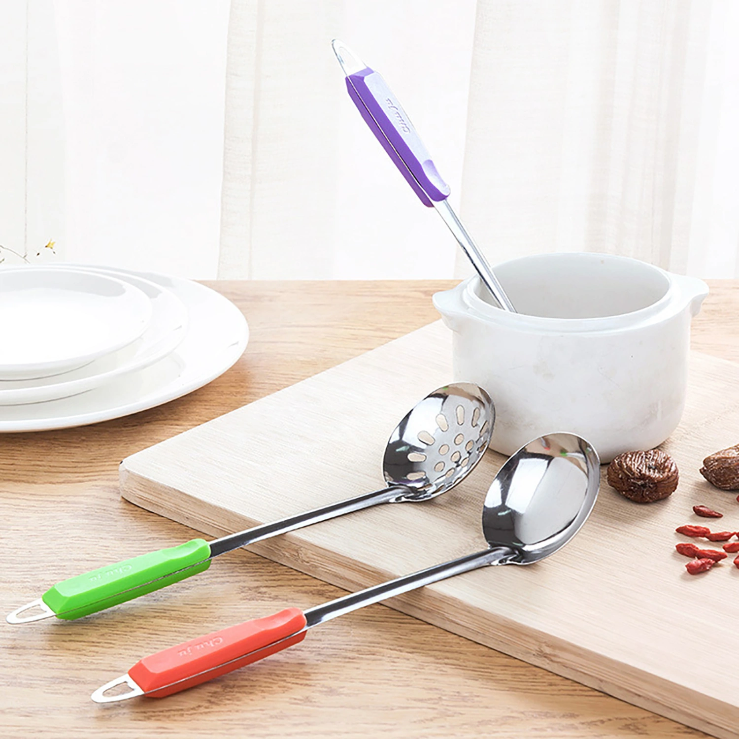 2 Pcs Kitchen Colander Comfortable Grip Multi Holes Stainless Steel Easy to Clean Hot Pot Spoon Household Stuff 