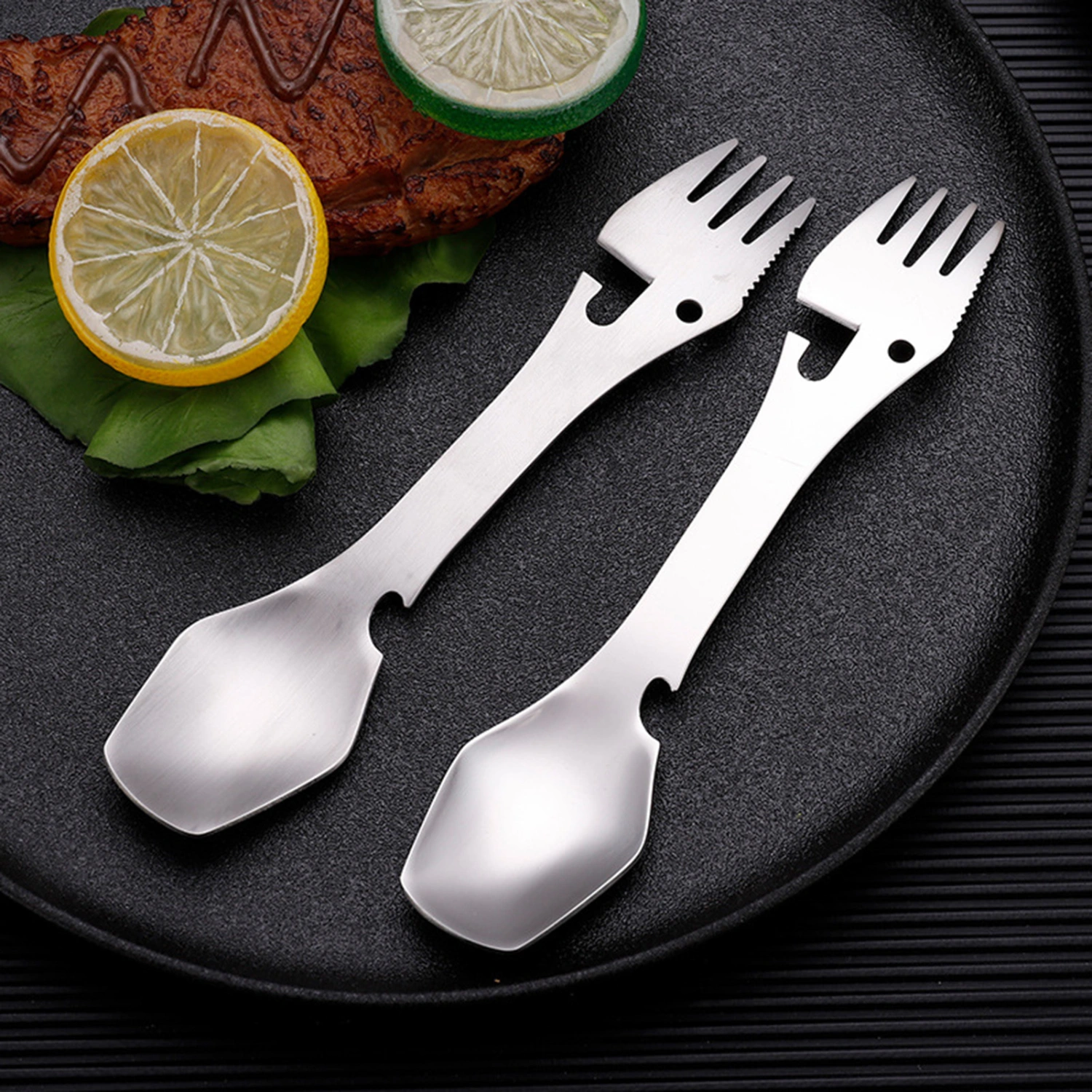 Stainless Steel Fork Mirror Surface 4-in-1 Food Grade Universal Fork Spoon Cutter Bottle Opener Camping Utensil Restaurant Supplies 